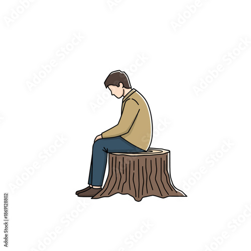 Sad Man Sitting Alone on Tree Stump, Isolated Person Feeling Lonely
