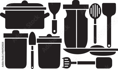 Black kitchen utensils and cookware on white background