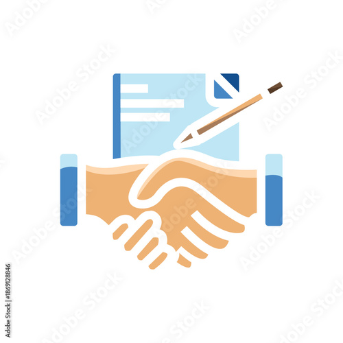Iconic representation of a business agreement, partnership, or contract signing, featuring a handshake and a document with a pen.
