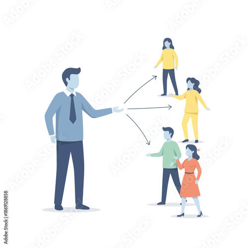 Businessman directing team members with arrows, concept of delegation and leadership