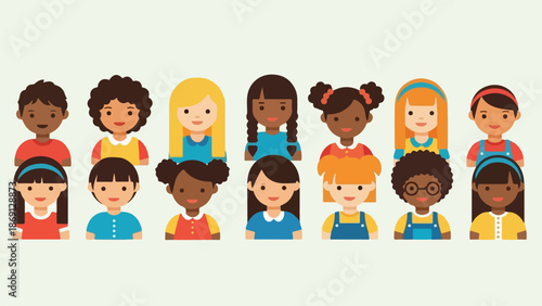 Diverse Group of Flat Design Children Avatars Vector Illustration