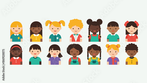 Diverse Group of Flat Design Children Avatars Vector Set