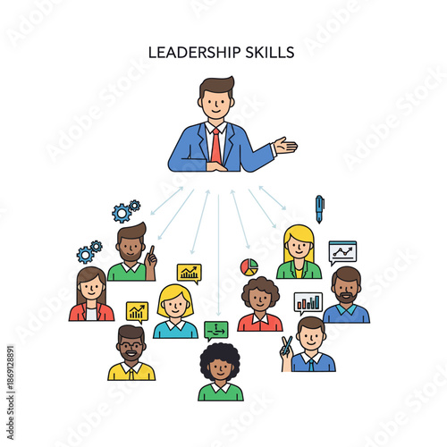 Leadership Skills: Manager Guiding Diverse Team with Business Infographics and Gears