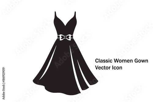 Elegant Women Evening Dress Silhouette Vector Icon