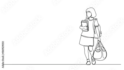 Continuous Line Drawing of Young Schoolgirl with Backpack and Books