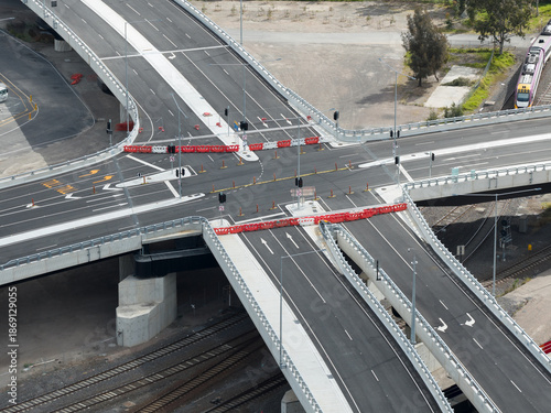 Unopened freeway intersection blocked with barricades