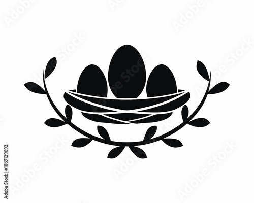 Nest and Eggs icon Silhouette Vector Design, Spring Season Animal Life Concept Isolated on White Background