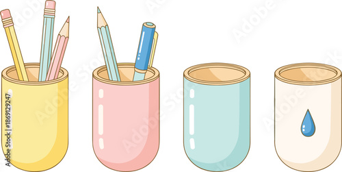 Colorful pencil and pen containers, organized stationery items, empty cups, minimal desk supplies, flat vector style, pastel background, education tools