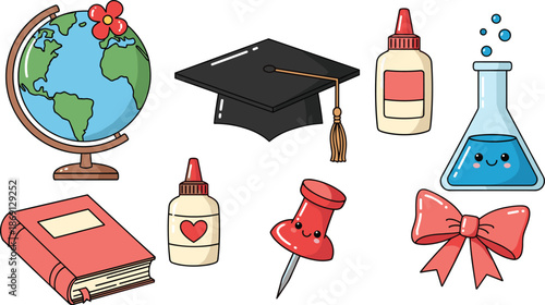 Cartoon school supplies, graduation cap, globe, glue bottle, smiling flask, red book, push pin, bow, education icons, flat vector illustration