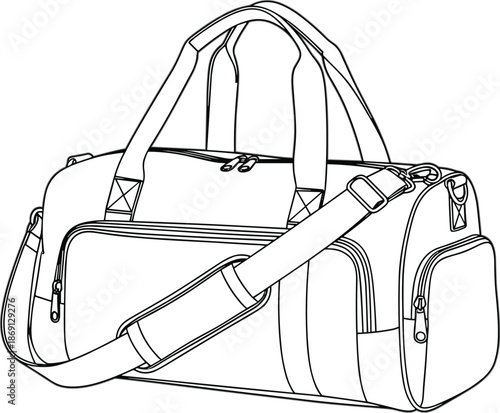 Duffel bag blueprint, zippered compartments, side pockets, front pocket, shoulder strap, padded handle, stitching detail, technical drawing, flat vector illustration
