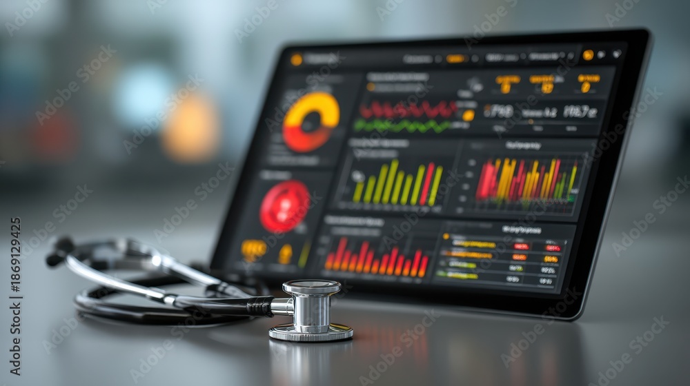 Naklejka premium A stethoscope on a tablet showing server performance metrics in a medical context.