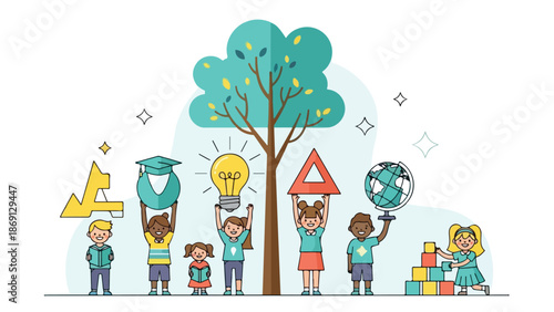 Diverse Children Holding Education and Learning Icons Around Tree Vector Illustration