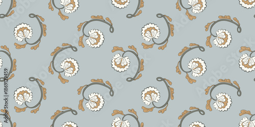 Vintage floral swirl neutral seamless wallpaper pattern. Folk flower ornamental print design .