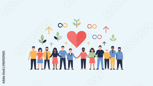 Diverse Group of People Holding Hands with Heart and Growth Icons Vector Illustration