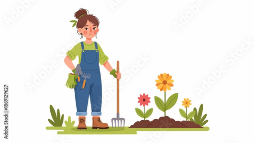 Woman Gardener with Rake and Flowers in Garden.