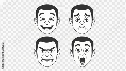 Four cartoon faces showing different emotions like happiness sadness anger and surprise.