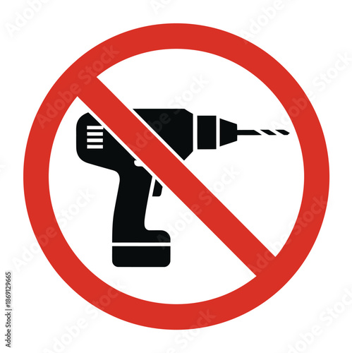 No drill sign isolated on white background, vector symbol showing restriction of drilling, construction activities, and power tool usage, ideal for safety instructions, hazard prevention