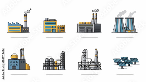 Collection of Industrial Factory Buildings and Solar Panels.