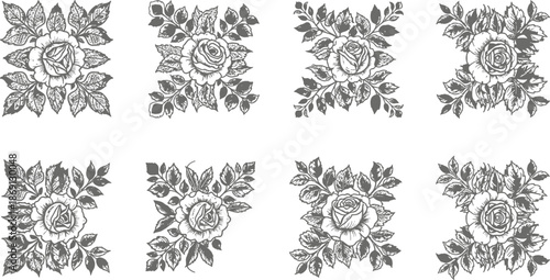 Collection of eight black and white floral pattern designs