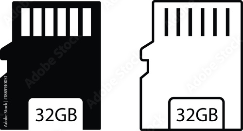 Memory card icon set in flat and outline styles. Vectors digital storage symbols collection for data save, technology backup, mobile device and multimedia designs isolated on transparent background.