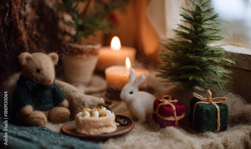 christmas tree,bear,rabbit,gift candles,warm,light,cake table,Wool felt, miniature scene