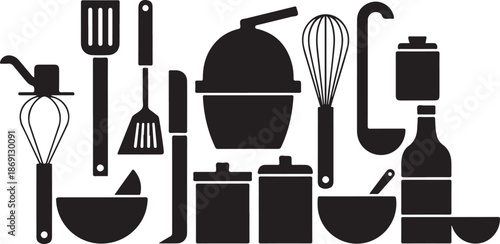 Black kitchen utensils and tools on white background