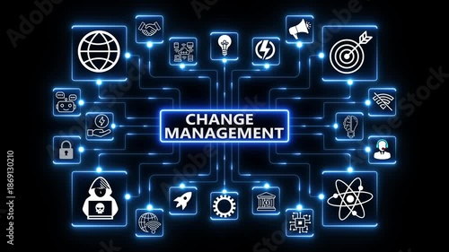 Change management network animation with connected technology icons, glowing data nodes and organizational transformation workflow visualization on dark background