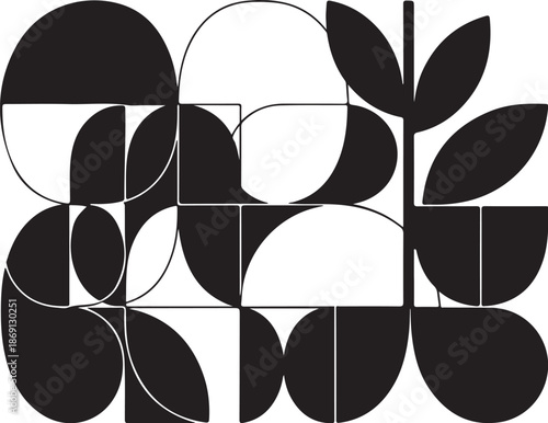 Geometric shapes and leaves in black and white