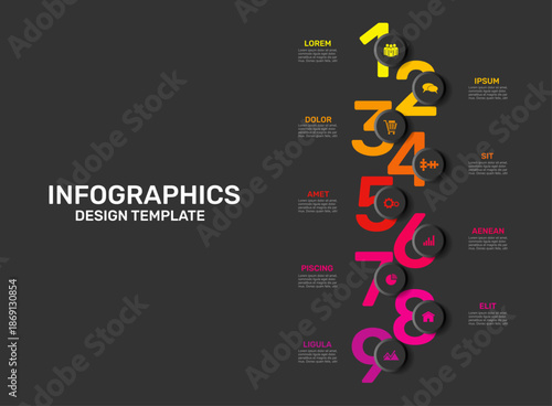 Colorful vertical infographic with numbered steps and icons for timelines, workflows, process presentations. Vector illustration.