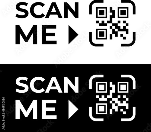 Qr code scan me frame. Black and white png stickers template. Vector illustration