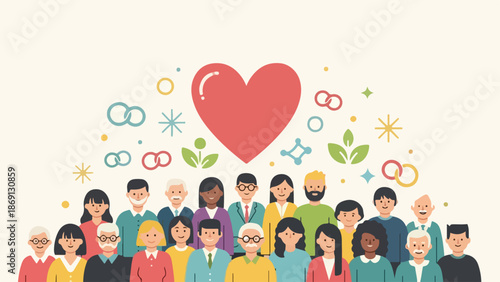Diverse Group of People with Red Heart and Abstract Symbols Vector Illustration