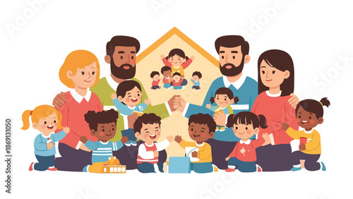 Diverse Group of Parents and Happy Children Illustration