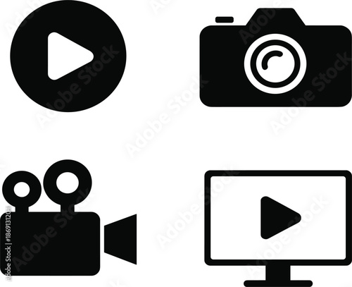 Set of flat black multimedia icons including play button, photography camera, movie cinema projector, and monitor