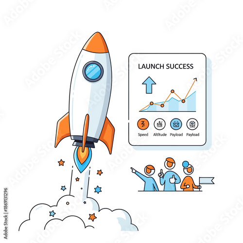 Rocket Launch Success with Teamwork and Growth Chart - Business Concept