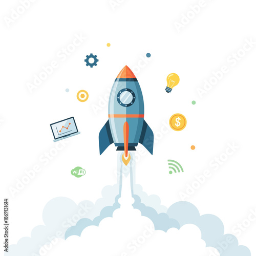 Rocket Launching with Business Icons - Startup, Innovation, Growth