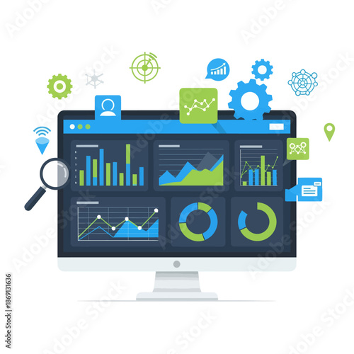 Digital dashboard with charts and graphs on computer screen, business analytics concept