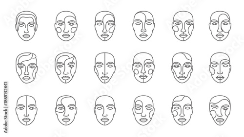 Collection of Minimalist Line Art Faces Representing Diverse Human Features