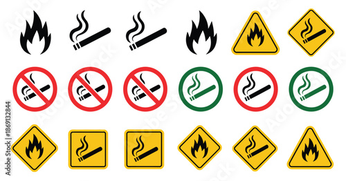 No open fire, no smoking prohibition sign, forbidden open flame sparkle logo symbol, vector illustration for safety warnings, fire prevention, regulatory signage, and restricted area notices isolated 