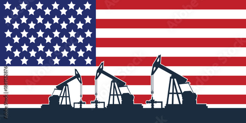 Oil rig pumpjack background. American petroleum industry. united states of america flag. Crude oil