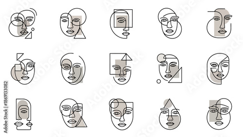 Abstract Line Art Faces Geometric Shapes Minimalist Design Elements Set