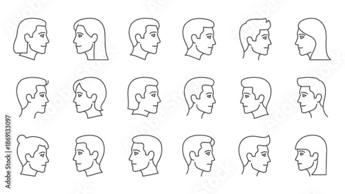 Diverse Human Profile Faces Linear Icons Set