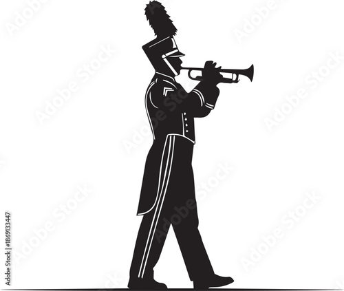 Marching Band Trumpet Player silhouette vector black on a white background