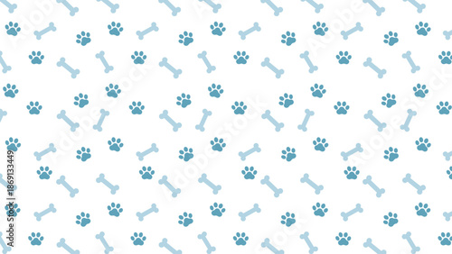 Seamless pattern with navy blue paw prints and light blue dog bones on a white background. Cute animal footprint vector for pet shop branding, nursery wallpaper, and fabric textile design
