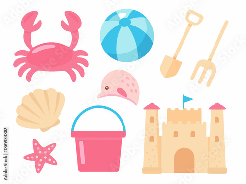 Colorful beach elements including a crab seashell sandcastle and beach toys