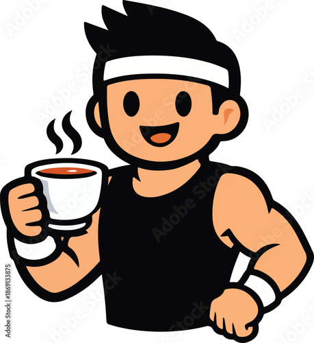 Cute Sporty Man Character Drinking Hot Coffee, Flat Vector Illustration on Black Background