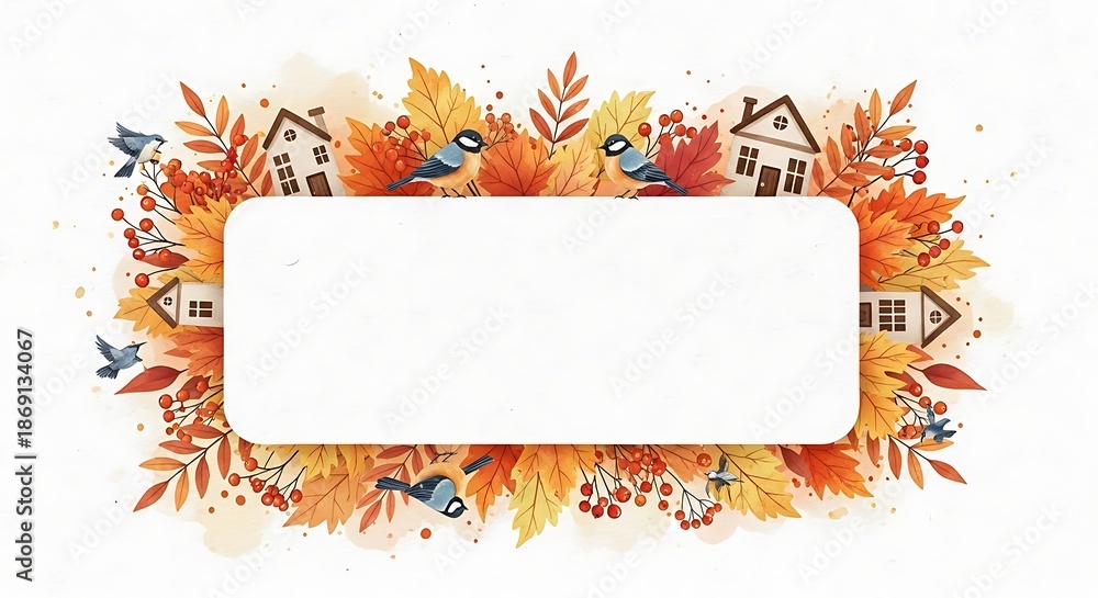 Fototapeta premium Cozy Watercolor Autumn Frame with Vibrant Leaves Houses and Birds for Seasonal Design.