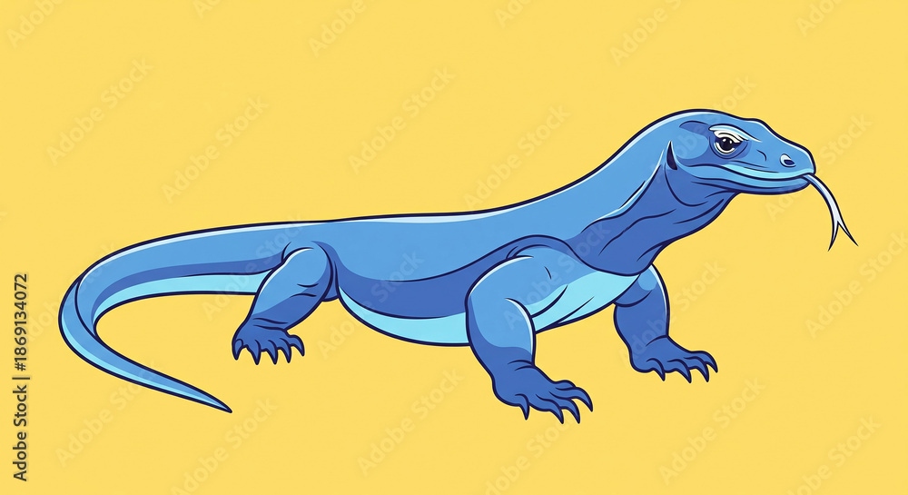 Obraz premium Vibrant blue lizard standing on yellow background with tongue out