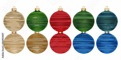A collection of colorful striped and patterned christmas ornaments displayed in rows