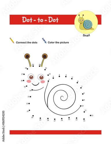 Dot to dot snail activity worksheet for preschool kids. Activity of learning numbers from 1 to 32 and pen control. Vector illustration, nursery designs, and educational materials.