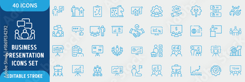 Business Presentation Line Icon Set. Seminar, Meeting, Conference, Whiteboard, Business Plan, Training, Workshop and Corporate Communication Icons. Editable Outline Stroke.